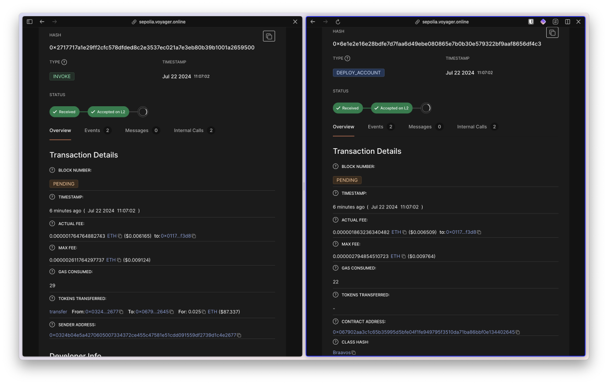 Voyager block explorer showing the deployed account transaction in the pending block with updated chain state