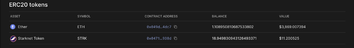 Wallet balance updated after the swap, showing reduced STRK and increased ETH
