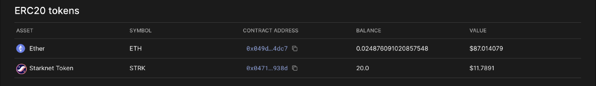 Wallet balance showing 20.0 STRK tokens before the swap