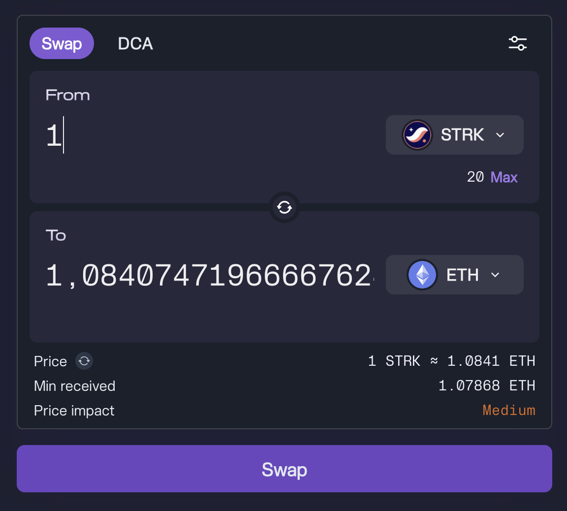 Ekubo DEX interface showing a STRK to ETH swap transaction